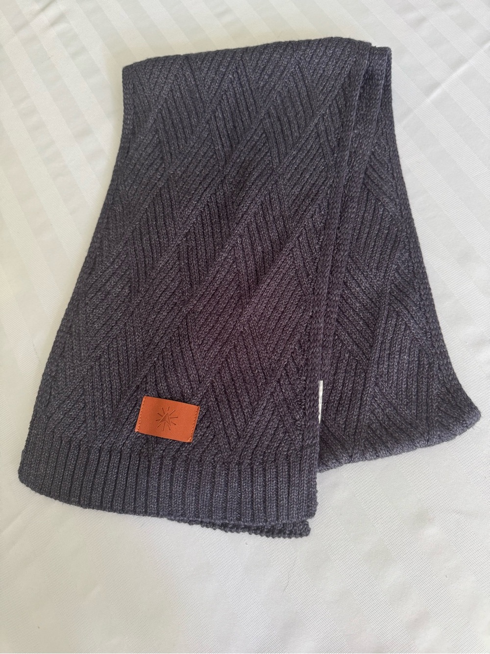 Men's navy blue Knit Scarf with faux Leather Patch
